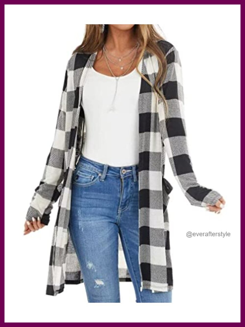 Women's Open Front Long Cardigan Draped Snap Buffalo Plaid Knit Kimono